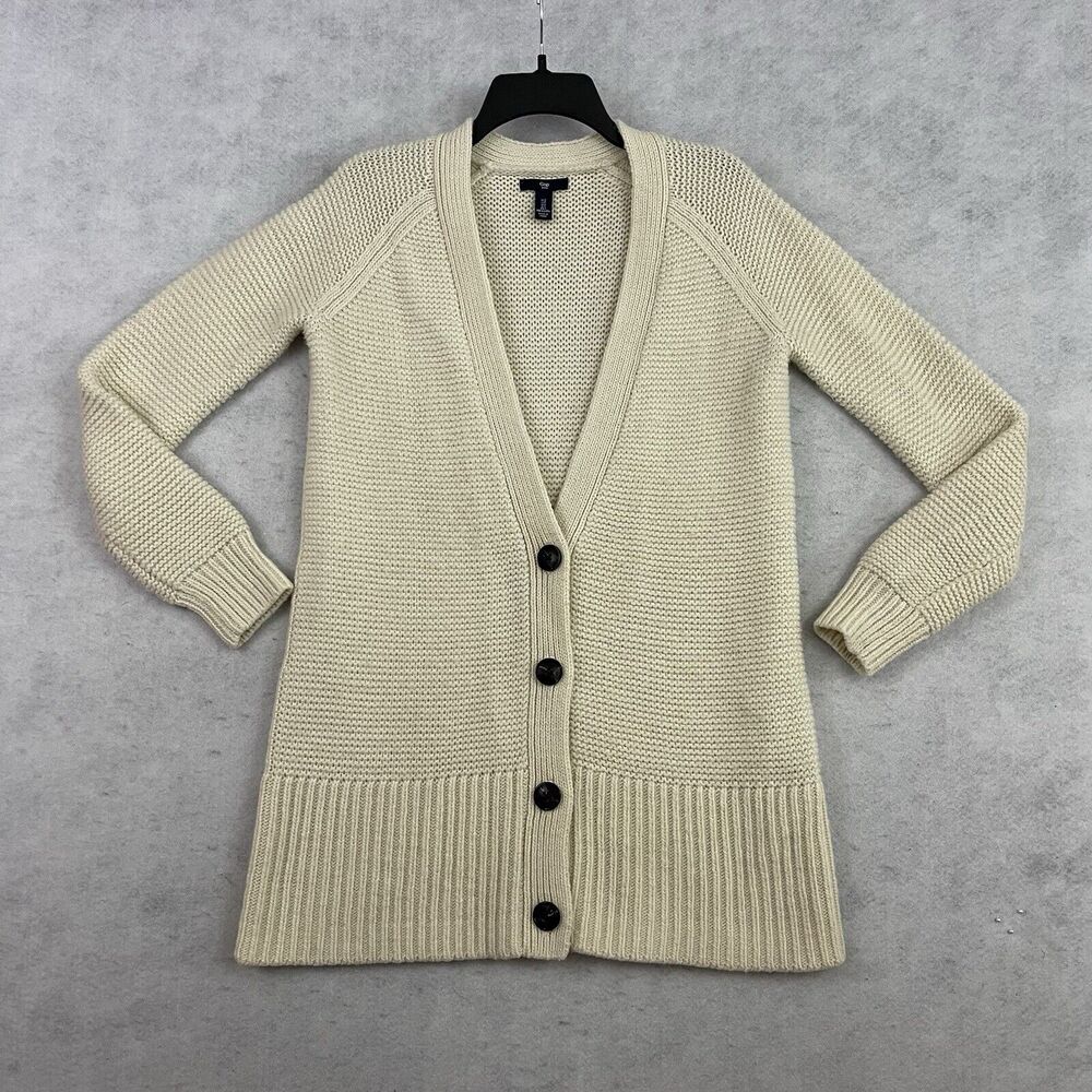 Gap Sweater Womens Small Cream Wool Blend Open Front Long Cardigan Rib Knit - Picture 6 of 11